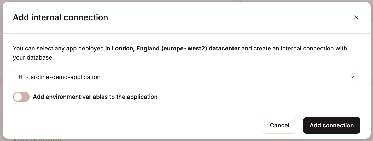 Add an internal connection from a database to an application in Sevalla.